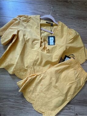 Women’s Yellow Eyelet Two-Piece Set - Short Sleeve Top & Skirt